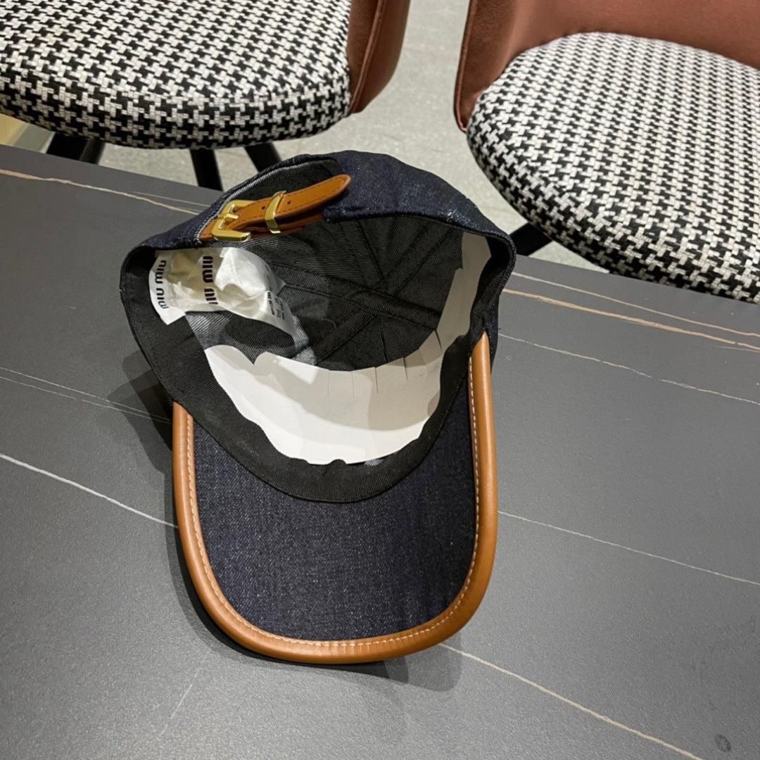 MIU MIU MM BASEBALL CAP IN NAVY BLUE DENIM AND CALFSKIN