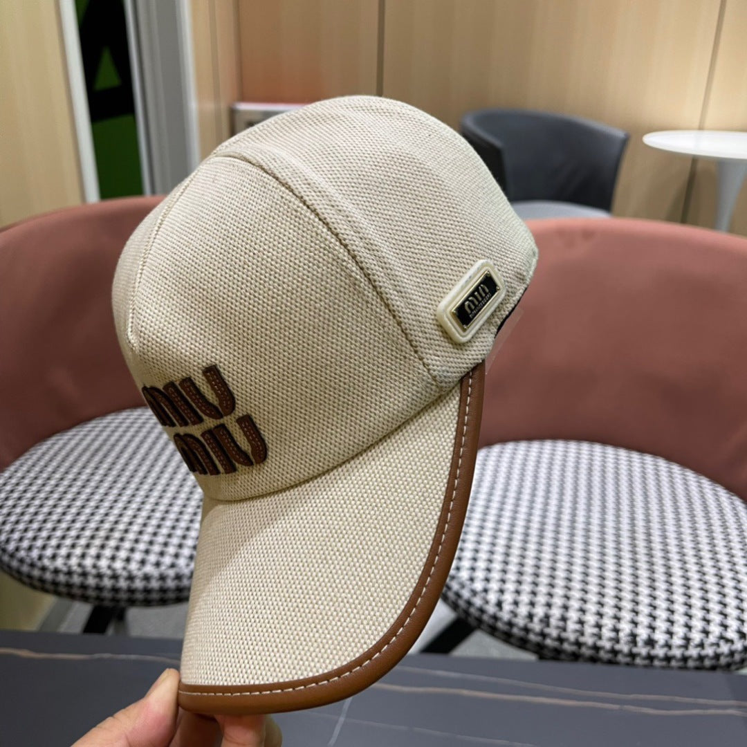 MIU MIU MM BASEBALL CAP IN LIGHT BEIGE FABRIC AND CALFSKIN