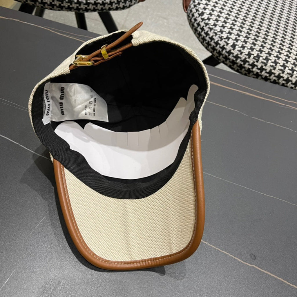 MIU MIU MM BASEBALL CAP IN LIGHT BEIGE FABRIC AND CALFSKIN