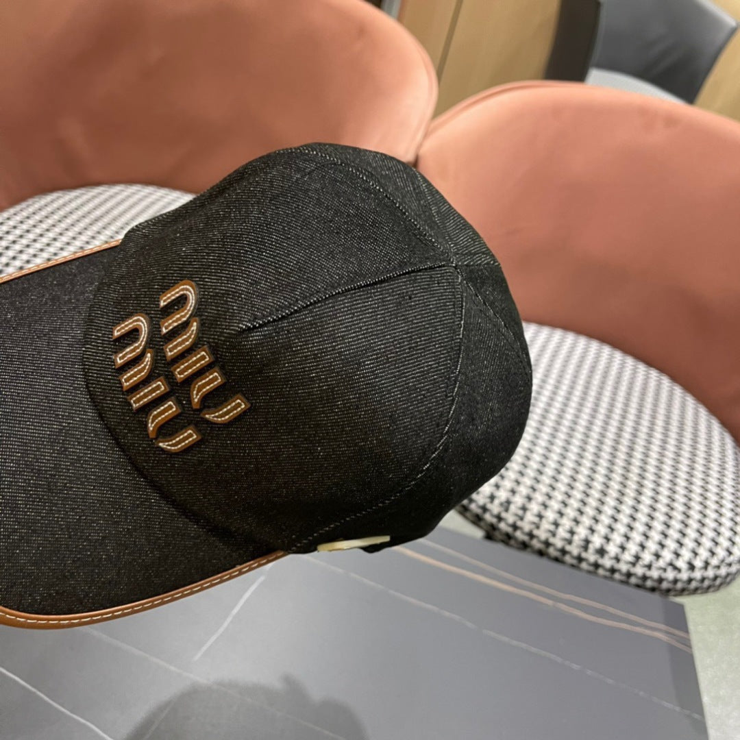 MIU MIU MM BASEBALL CAP IN BLACK DENIM AND CALFSKIN