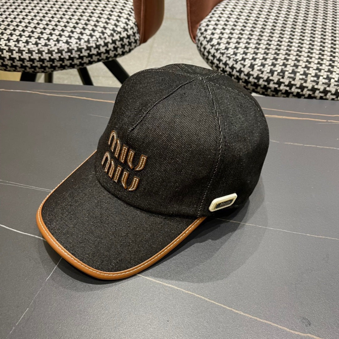 MIU MIU MM BASEBALL CAP IN BLACK DENIM AND CALFSKIN