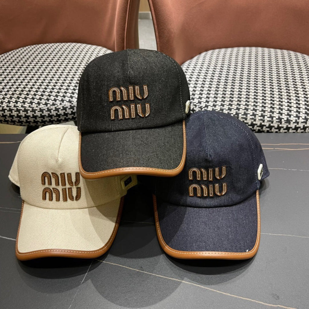 MIU MIU MM BASEBALL CAP IN NAVY BLUE DENIM AND CALFSKIN