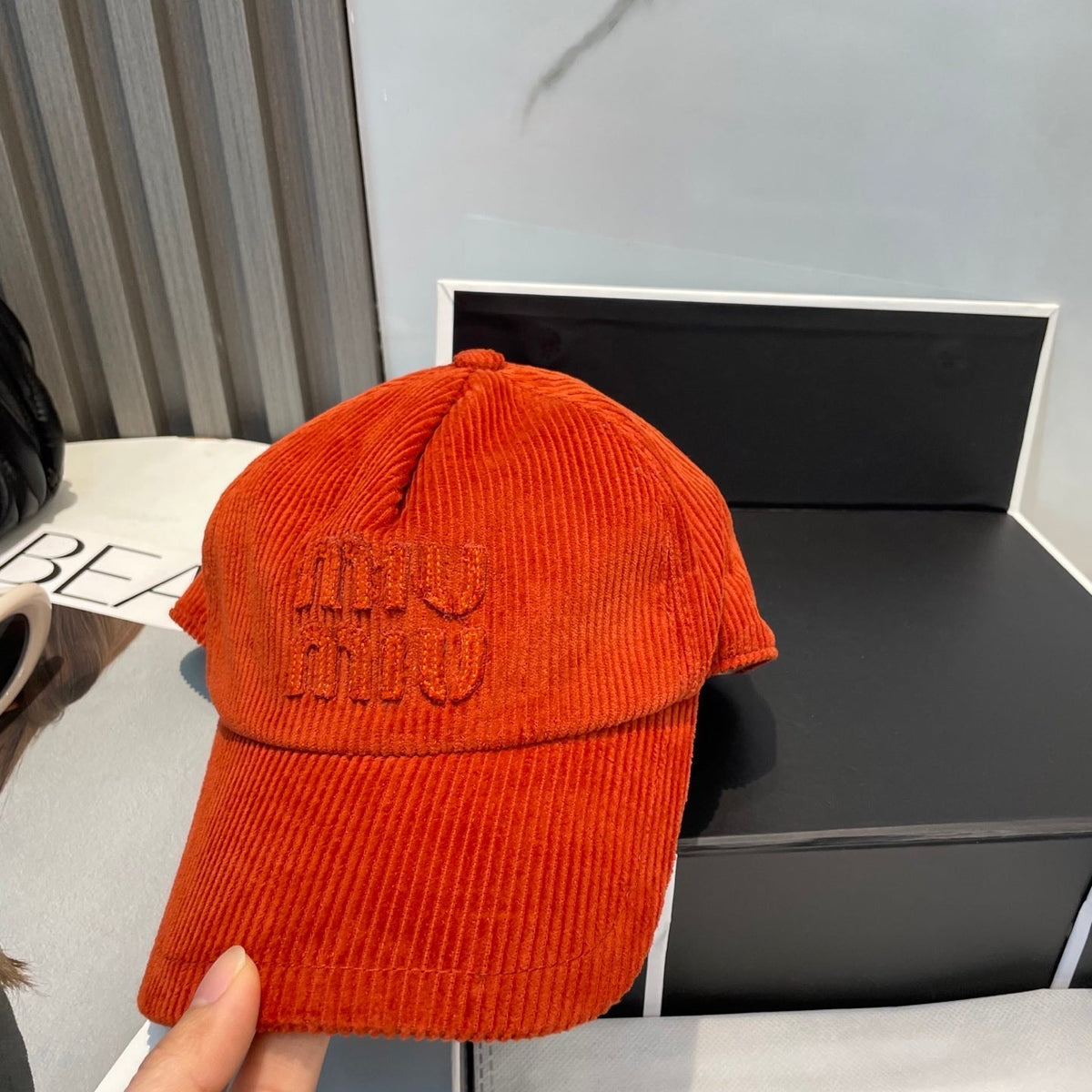 MIU MIU MM BASEBALL CAP IN ORANGE VELVET