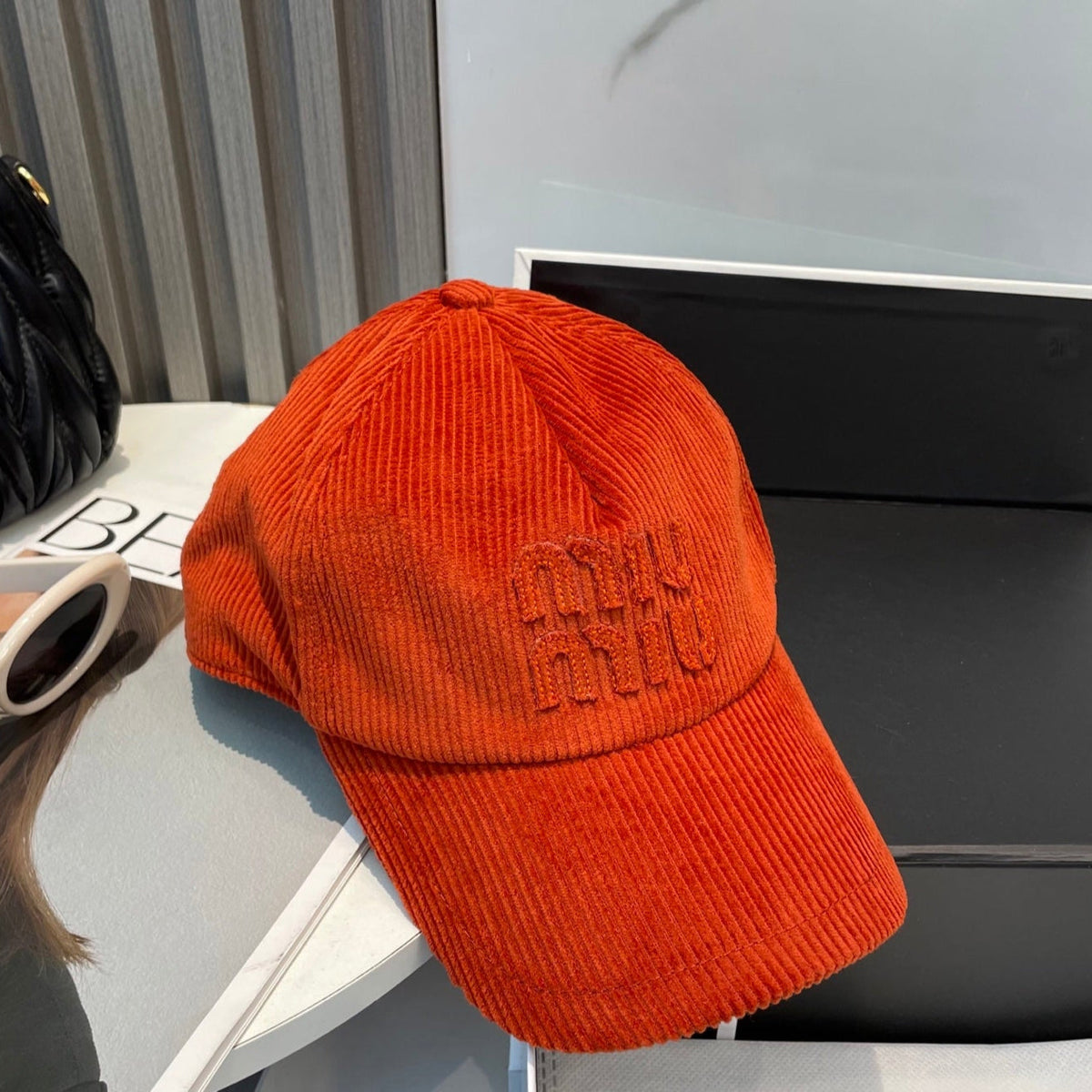 MIU MIU MM BASEBALL CAP IN ORANGE VELVET