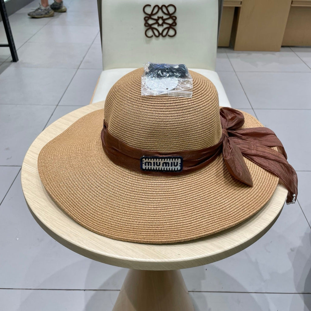 MIU MIU MM WIDE-BRIM BEACH HAT IN BEIGE WITH FABRIC BOW