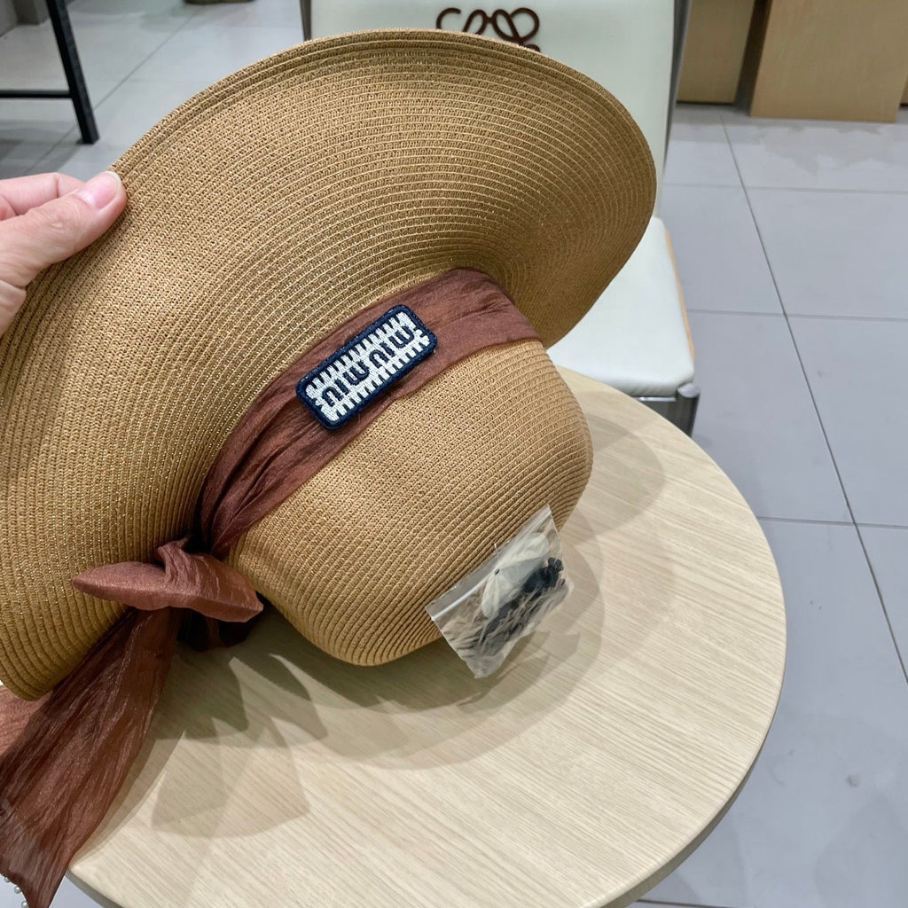 MIU MIU MM WIDE-BRIM BEACH HAT IN BEIGE WITH FABRIC BOW