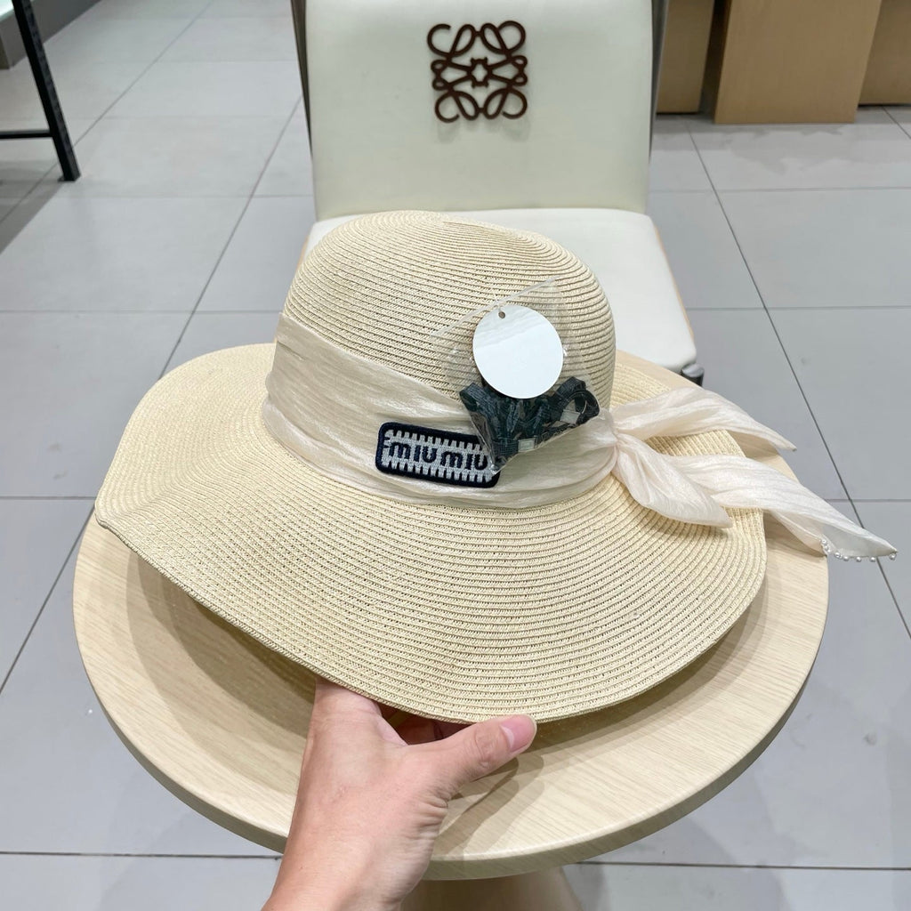 MIU MIU MM WIDE-BRIM BEACH HAT IN LIGHT BEIGE WITH FABRIC BOW