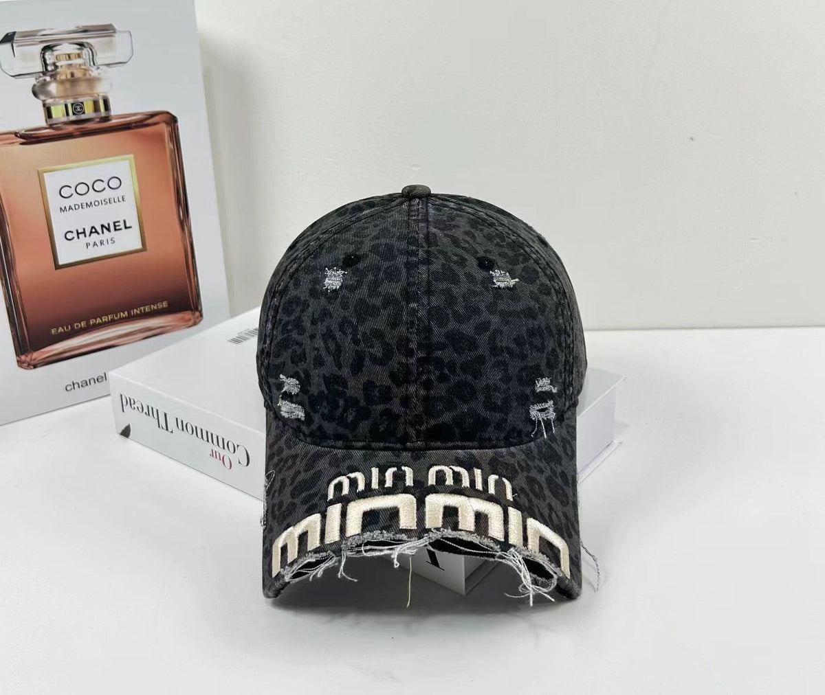 MIU MIU MM DISTRESSED EMBROIDERED BASEBALL CAP DENIM