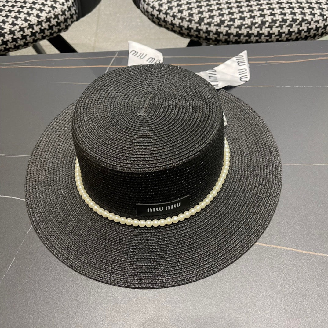 MIU MIU MM SMALL-BRIM STRAW HAT IN BLACK AND PEARL EMBELLISHED