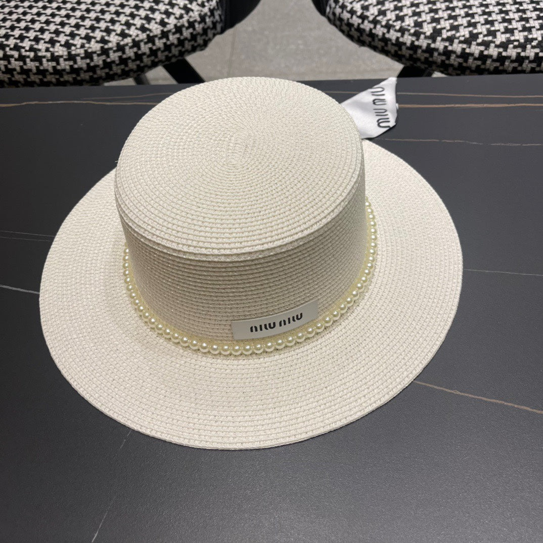 MIU MIU MM SMALL-BRIM STRAW HAT IN CREAM WHITE AND PEARL EMBELLISHED