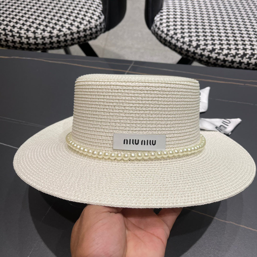 MIU MIU MM SMALL-BRIM STRAW HAT IN CREAM WHITE AND PEARL EMBELLISHED